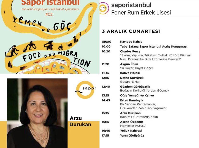 3 Aralık Cumartesi günü Sapor İstanbul’da gerçekleştirilecek Yemek ve Göç hakkındaki sempozyuma Dr. Öğretim Üyesi Arzu Durukan hocamız konuşmacı olarak katılım sağlayacaktır. 
#yeditepeuniversity #yeditepegsf #7tepegastronomyandculinaryarts @YeditepeUni @Gsf7tepe @yeditepesbe