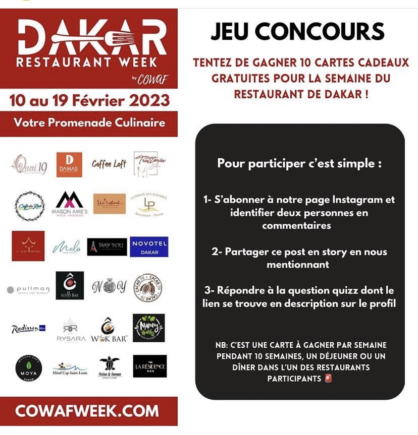 cowaf_week's tweet photo. Le jeu concours a débuté sur notre page instagram et se poursuit.                              Ne ratez pas votre chance de gagner des cartes cadeaux pour le Dakar Restaurant Week.
 #restauration #chef #worldfood #babi #cowafweek #cowaf #Dakar #Senegal #restaurant #restauration https://t.co/dXtIDeNnAb