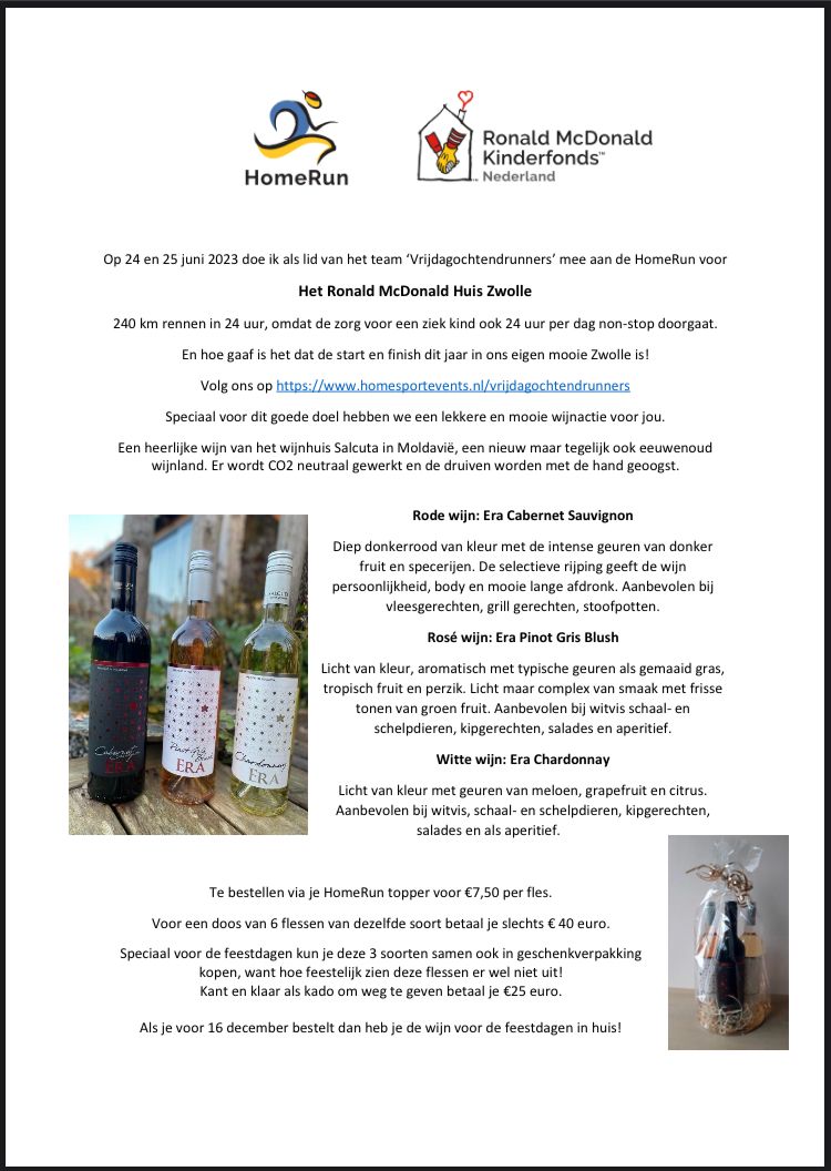 In 24 uur 240 km lopen voor het RonaldMcDonald huis in Zwolle.Deze uitdaging ga ik aan samen met mijn hardloopvriendinnen. Wil je ons sponsoren, hebben we lekkere wijn voor jou. Hou je niet van wijn, maar wil je wel een donatie doen? Dit kan via deze link 
homesportevents.nl/homesporter/pe…
