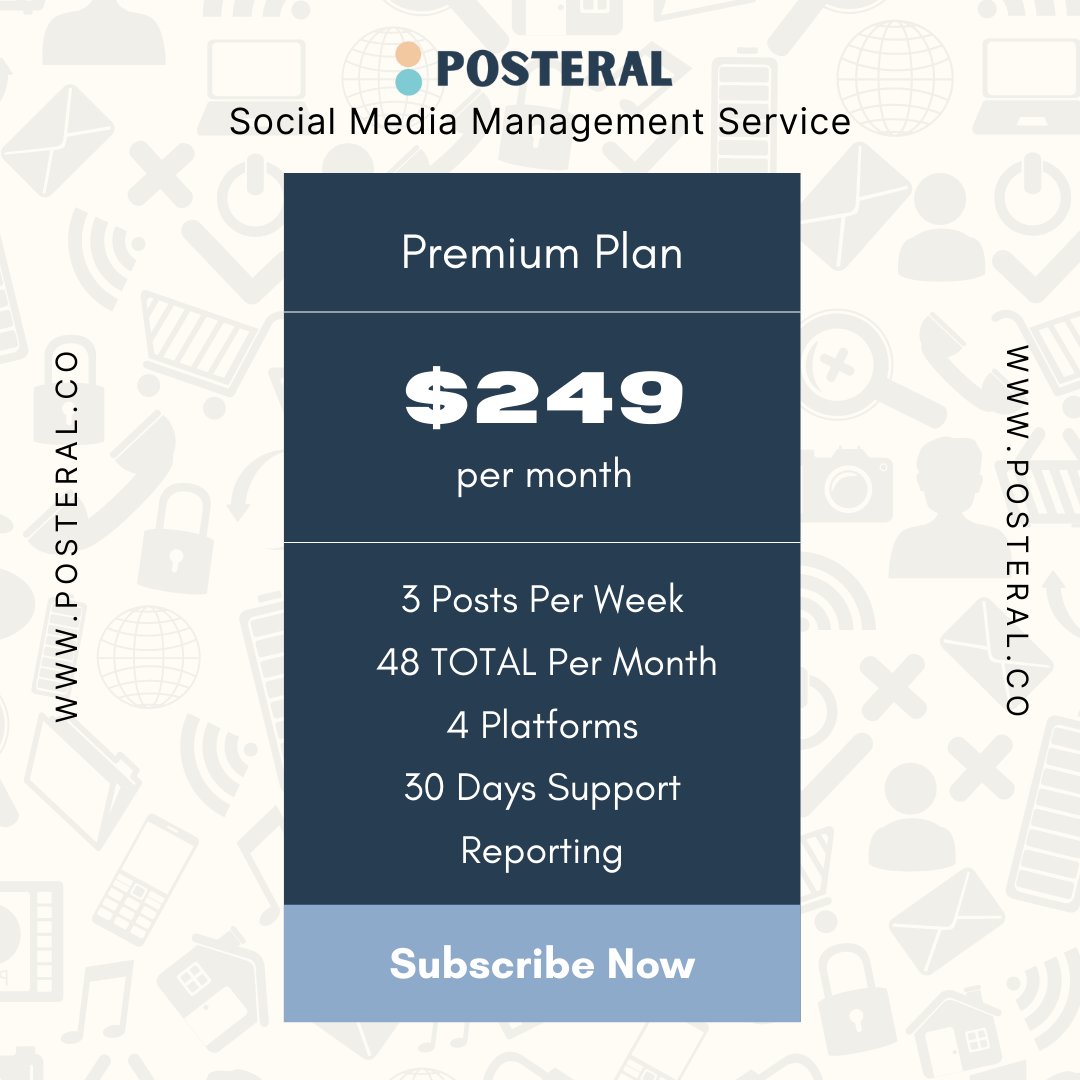 PosteralC's tweet photo. Let's Get Familiar With Posteral Subscription Plans!
.
✨ Premium Plan ✨
.
🔵 Four Platforms
🔵 3 Posts Per Week on Each Platform
🔵 48 Posts Per Month in Total
🔵 30 days of Social Media Management
🔵 Engagement with Followers
🔵 Reporting
.
💻 https://t.co/AazBpaNKP7 https://t.co/Bwd7z6KEXv