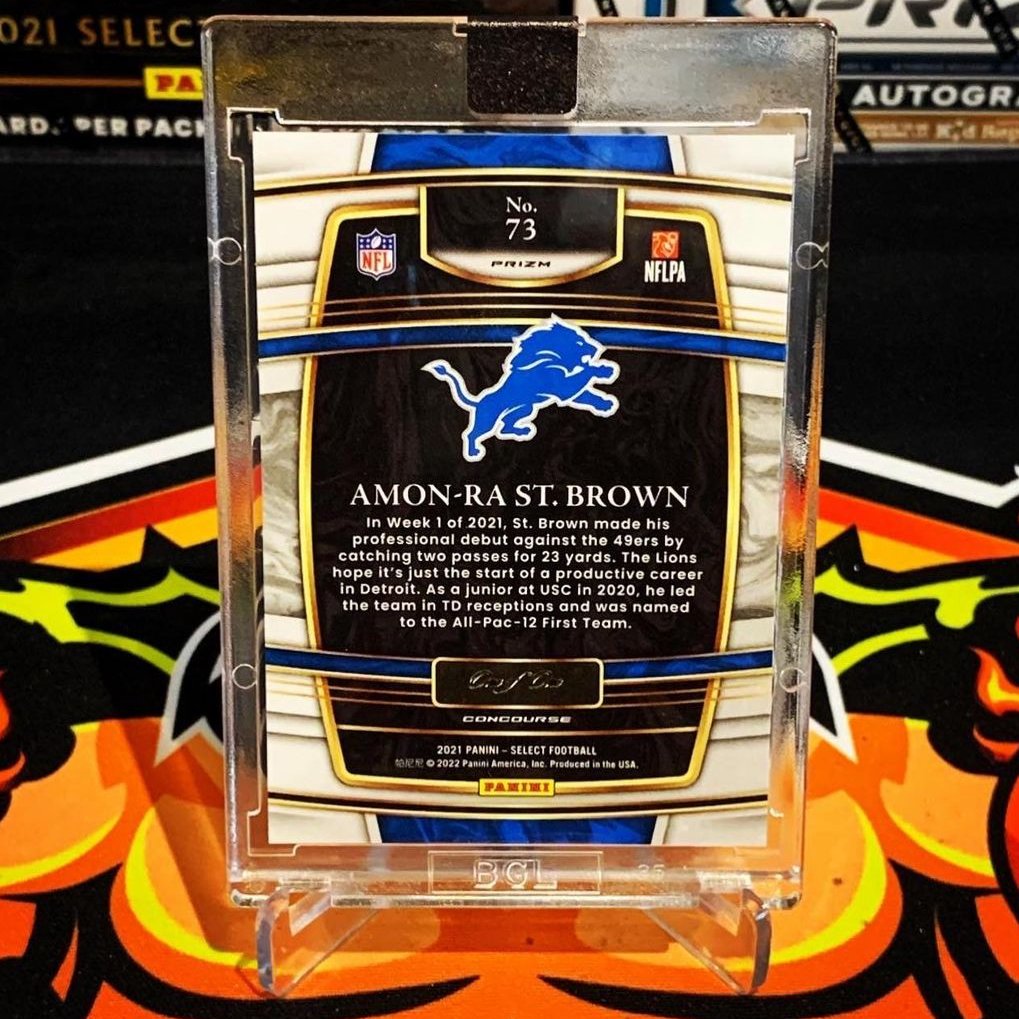 BreaksofGod's tweet photo. Earning a LION'S share of targets and hobby attention is this recent 1⃣ of 1⃣ from @PaniniAmerica  Select!! 🦁🏈🔥 

The SUN GOD @amonra_stbrown was shining on one of our lucky members with this black 1/1 Rookie Parallel! ☀️🏈😎

ONLY FIRE with BoG!🔥🔥 

#PulledByBoG #TheHobby https://t.co/mJnKZiAs60