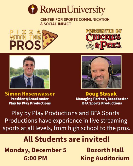 RowanSportsCAM's tweet photo. Last one of the semester!😢

Join us for the final 🍕Pizza with the Pros🍕of the semester Monday at 6pm! @SimonRose24 President/Broadcaster of @PlayByPlayProd and @DStasu, Managing Partner/Broadcaster of @BFAlivestream will be joining to discuss live sports streaming!🎙🎥 https://t.co/50a1SDyhxH