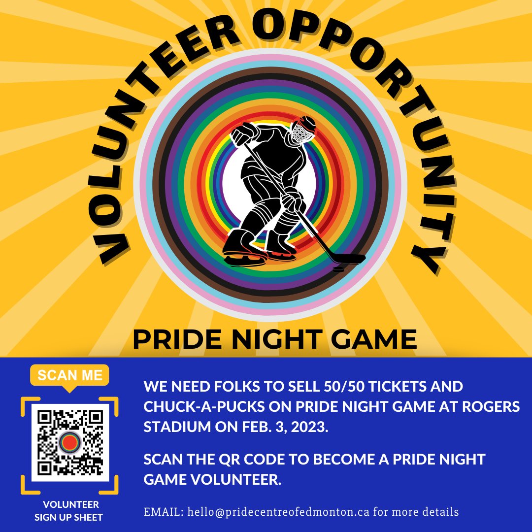 Fyrefly Institute for Gender and Sexual Diversity (@fyrefly_ua) on Twitter photo We need folks to sell 50/50 tickets and chuck-a-pucks on February, 3, 2023 at the Oil Kings Pride Night Game, Rogers Stadium. The game will support iSMSS, @YegPride, @PrideCorner, <a href="/OutloudStAlbert/">Outloud St. Albert</a>, and <a href="/CapitalPrideYEG/">Capital Pride Edmonton</a>!
Sign up: docs.google.com/forms/d/e/1FAI…. We need folks to sell 50/50 tickets and chuck-a-pucks on February, 3, 2023 at the Oil Kings Pride Night Game, Rogers Stadium. The game will support iSMSS, @YegPride, @PrideCorner, <a href="/OutloudStAlbert/">Outloud St. Albert</a>, and <a href="/CapitalPrideYEG/">Capital Pride Edmonton</a>!
Sign up: docs.google.com/forms/d/e/1FAI….