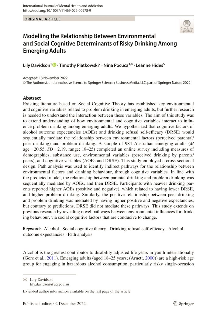 New pub out today 🎉 We used path analysis to explore a novel social cognitive theory model of problem drinking w 984 young adults. Drinking refusal self efficacy & alcohol expectancies can be useful treatment targets when social influence to drink is high link.springer.com/article/10.100…