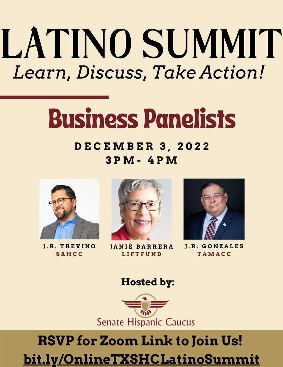 TXSenHispanics's tweet photo. We are excited to announce our Business panel for the Texas Senate Hispanic Caucus 2022 Latino Summit!
#txlege #txshc https://t.co/Jfth3fv3RV
