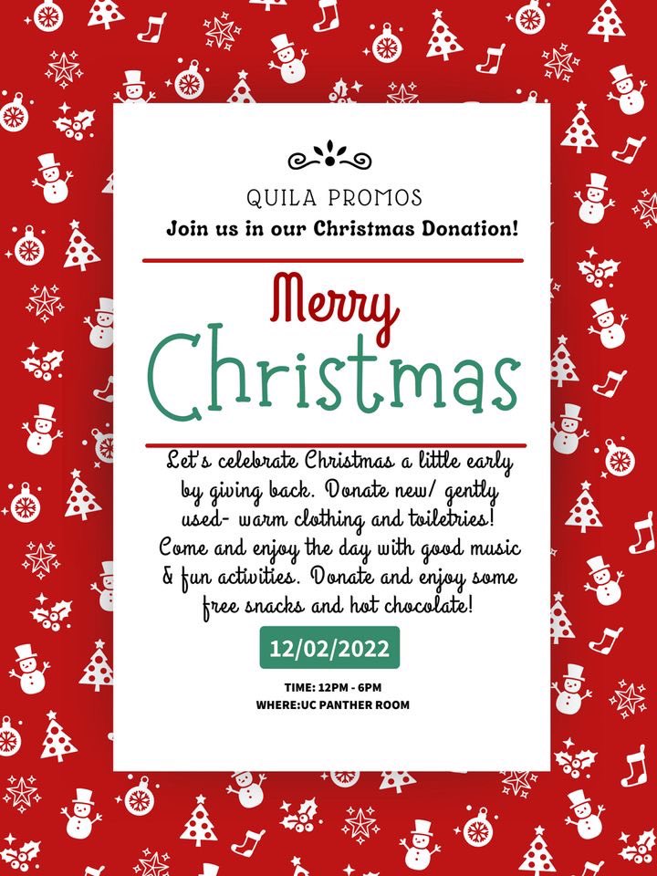KungFuKxnny's tweet photo. it’s timeeeeee😁🎄
Come see us in the UC Panther Room TODAY from 12pm-6pm🎁
We are asking for donations such as; new/gently worn clothes, toiletries, hygiene products, canned goods etc.👚🪥🥫🧻
FREE HOT CHOCOLATE AND COOKIE WITH EACH DONATION☕️🍪
#QuilaHolidays🎄#QuilaPromos https://t.co/9Rqm4zwUUW