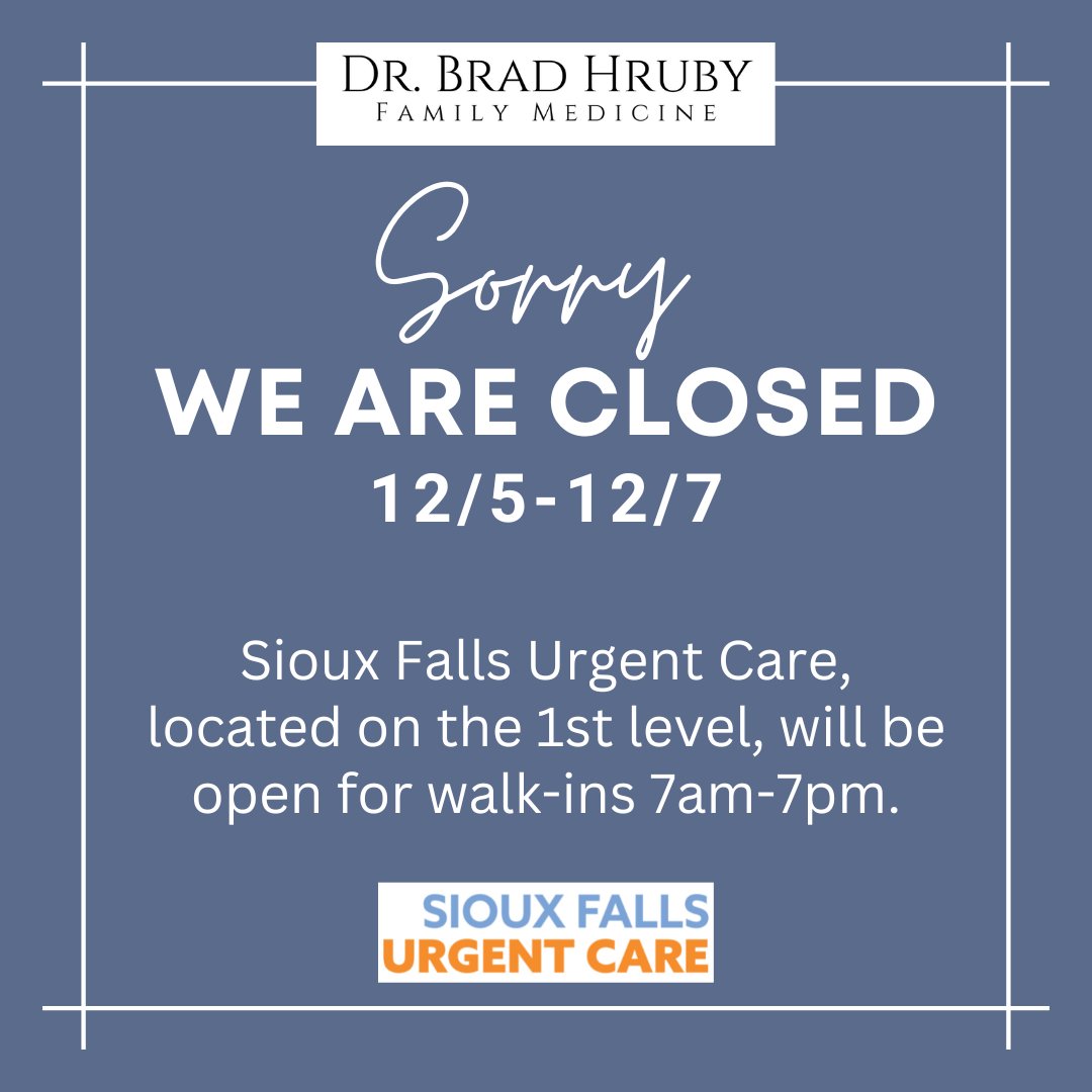 HrubyClinic's tweet image. While Hruby Clinic will be closed, we will still be taking calls to schedule future appointments! 605-444-8650 

#hrubyclinic #siouxfalls