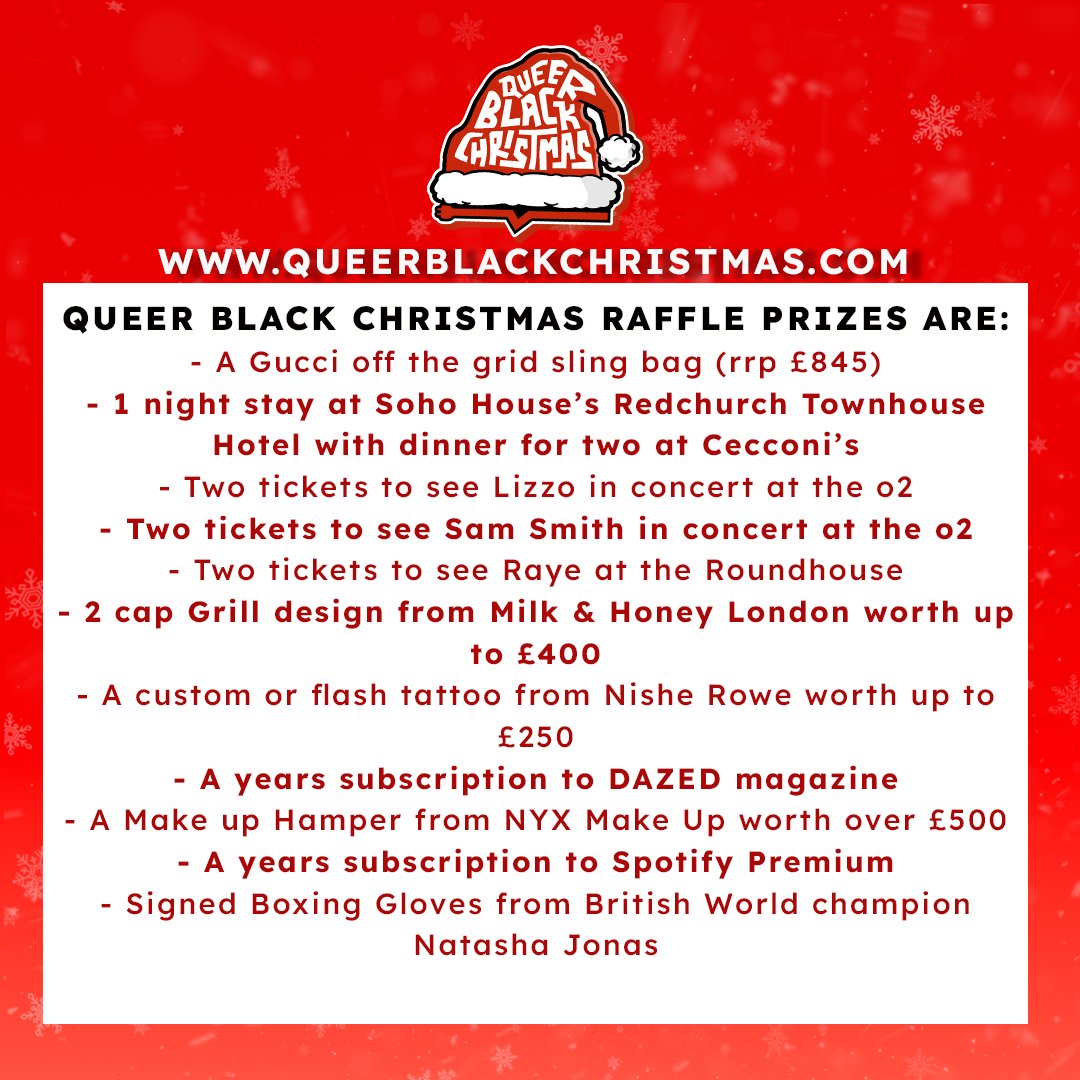 For the past 3 years we've hosted #QueerBlackChristmas for Black LGBTQ+ youth from London and we want to bring it back for our fourth year, but we need your help!

You can take part in the raffle or make a donation here:
queerblackchristmas.com

Pls share and RT!
🎄