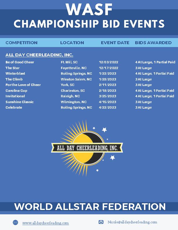 Do you have a Level 5, 6, or 7 team looking for WASF Bids?

All Day Cheerleading has you covered!

Email: Nicole@AllDayCheerleading.com for a complete list of divisions offered.

#wasf #worldallstarfederation #alldaycheerleading #partnerpost