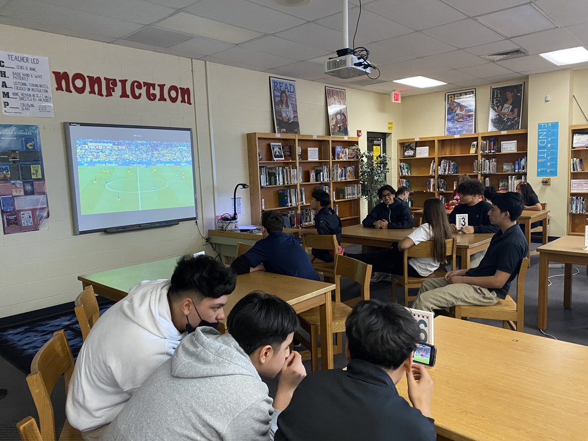 Mead_Reads's tweet photo. It’s a World Cup watch party in the library during 8th grade lunch. @Mead_Mustangs https://t.co/uhGLYApU1c