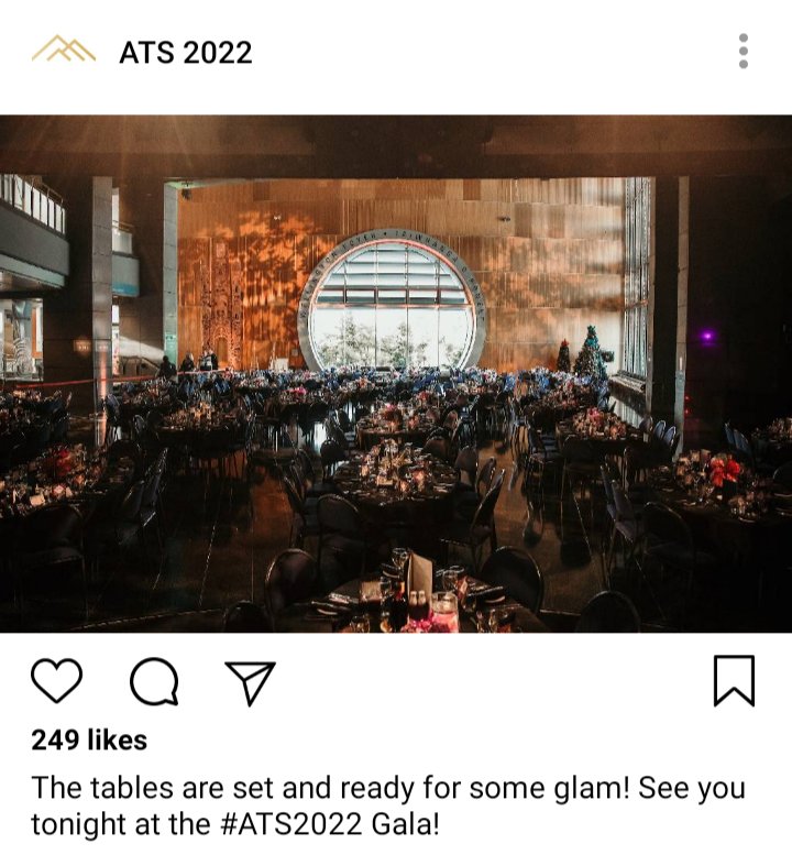 ATS IG: Picture of Te Papa museum interior, set for a dinner event. Caption reads "the tables are set and ready for some glam! See you tonight at the #ATS2022 Gala" 