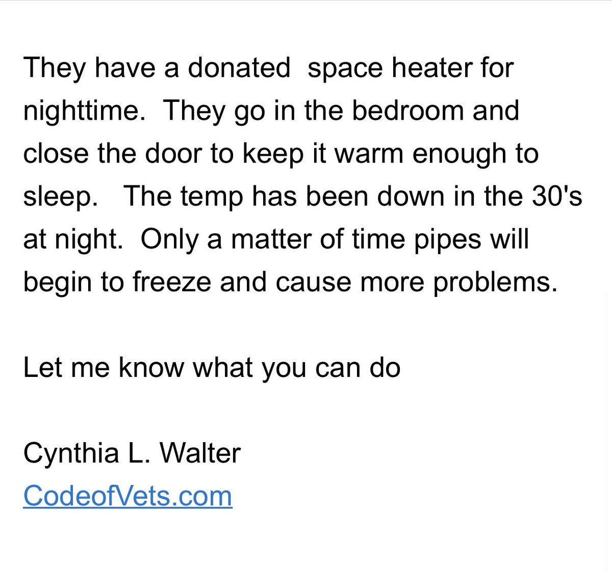 codeofvets's tweet image. Donations are down. I was not going to post this but it is a serious problem. We have a 79 year old vet &amp;amp; wife with no heat. Need $2K towards repair of their HVAC unit. All I can do is put it out here and pray for a donor.

paypal.me/codeofvets or cc on codeofvets.com