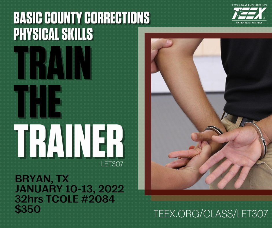 This train-the-trainer course provides instructional materials and techniques used in the 24-hr physical skills portion of the Basic County Corrections Physical Skills course. The ability to train correctional officers within an agency saves lots of funds! teex.org/class/LET307/