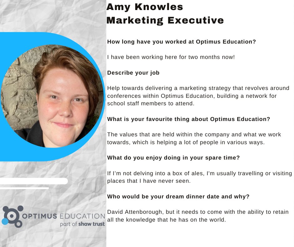 OptimusEd's tweet image. Meet the team here at Optimus Education!

Introducing our Marketing Executive, Amy Knowles 😀

#meettheteam #OptimusEd