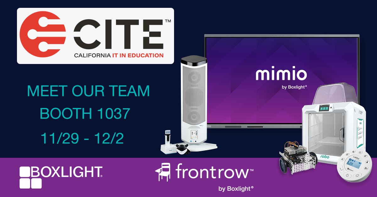 boxlightinc's tweet photo. #TeamBoxlight will be in Long Beach, CA for#CITE2022, 11/29 - 12/2! Stop by Booth 1037 to explore our comprehensive #edtech and #audio solutions. Find out more - https://t.co/3sOxxpFU7J
#CITEConference #edtech #technology #AVsolutions #Boxlight #MimioK12 #FrontRow @gofrontrow https://t.co/PKD5xmk13S