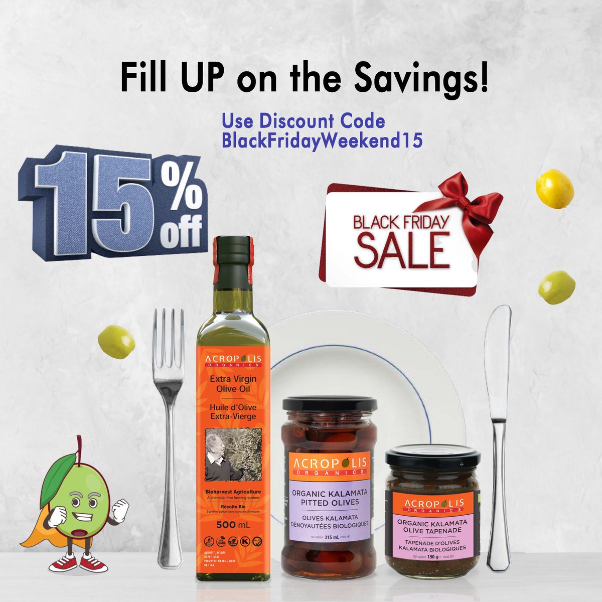 Fill Up on O-Live the Best Savings with our Extended  Black Friday Sale! 🎈We've got your meal times covered this the weekend. Use Discount Code: BlackFridayWeekend15. 😊 
Valid Until Sunday at 11:59 pm.✨ *Limited Supply. 
#acropolisorganics #blackfridaysale #delicious #sale