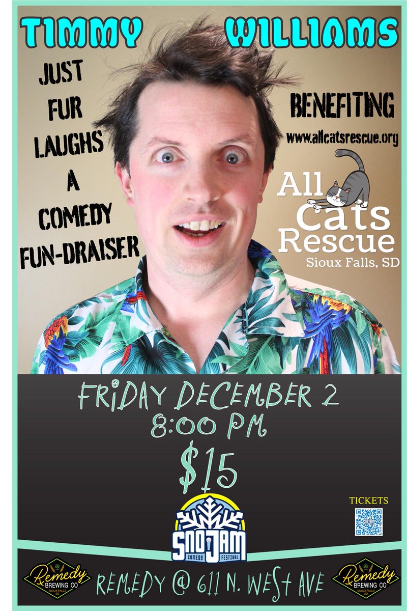 Sioux Falls, we're teaming up with <a href="/AllCatsRescue/">All Cats Rescue</a> and Remedy at 611 (<a href="/RemedyBrewingCo/">Remedy Brewing Co.</a>) and we're bringing <a href="/timmyisanerd/">Timmy Williams</a> back to SF for one night only! You can buy tickets or score a free ticket by dropping off a bag of clumping litter to Remedy at 611 now through the end of Nov.