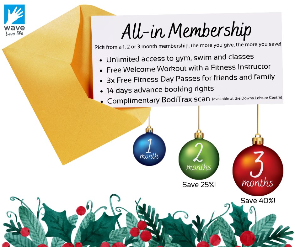Getting in the Christmas spirit? 🎁

Wave's Christmas Wellbeing Packages include an All-In Membership for 1, 2 or 3 months - the more you give, the more you save! 🎅

For more information pop into centre or visit waveleisure.co.uk/christmas-gift…