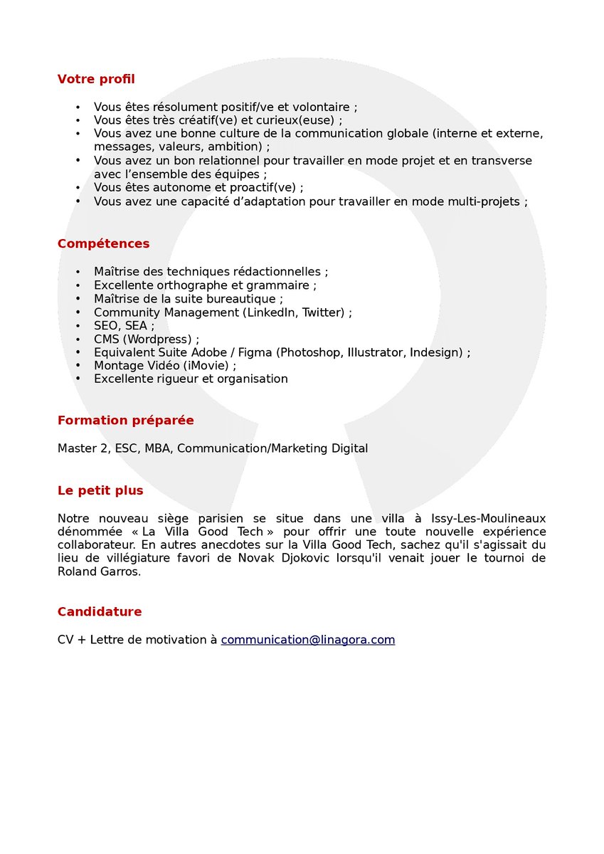 Je recrute UN/UNE stagiaire en Communication pour Janvier.

Master 2, ESC, MBA, Communication/ Digital - 6 mois - Immédiat

Embauche possible en CDI à l'issue !

#communication #digital #recrute #cdi #embauche #i4emploi

Merci pour vos RT 👍

🙏 <a href="/JeromeMONANGE/">Jérôme MONANGE </a> <a href="/fadouce/">fabienne billat</a> <a href="/ChanPerco/">Jonathan Chan  💡📣</a>