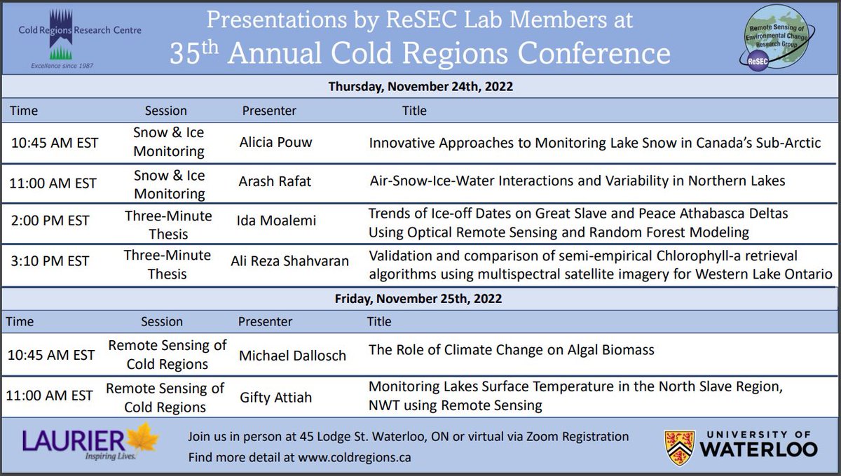 ReSEC_WLU's tweet photo. Great start to Day 2 this morning! Session 2 on Remote Sensing of Cold Regions is about to get underway. Join online or in-person to catch #ReSEClab member Gifty Attiah, @gift_att and Michael Dallosch member of @crduguay & #ReSEC ! 🛰
#CRRC2022 #remotesensing https://t.co/P1KCLeLCUr