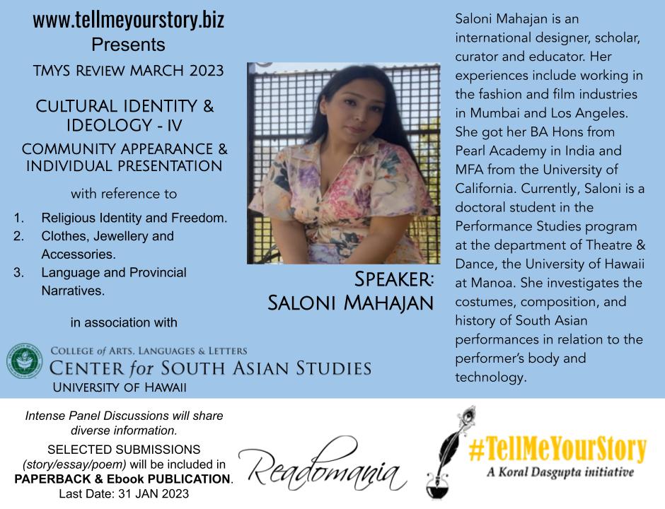 TMYS Review March 2023
Theme: Community Appearance &amp; Individual Presentation
Under the Annual Series: Cultural Identity &amp; Ideology
We’re calling for Submissions of essays, poetry and short stories
Last date: 31 December 2022
Submission Guidelines: tellmeyourstory.biz/call-for-submi…