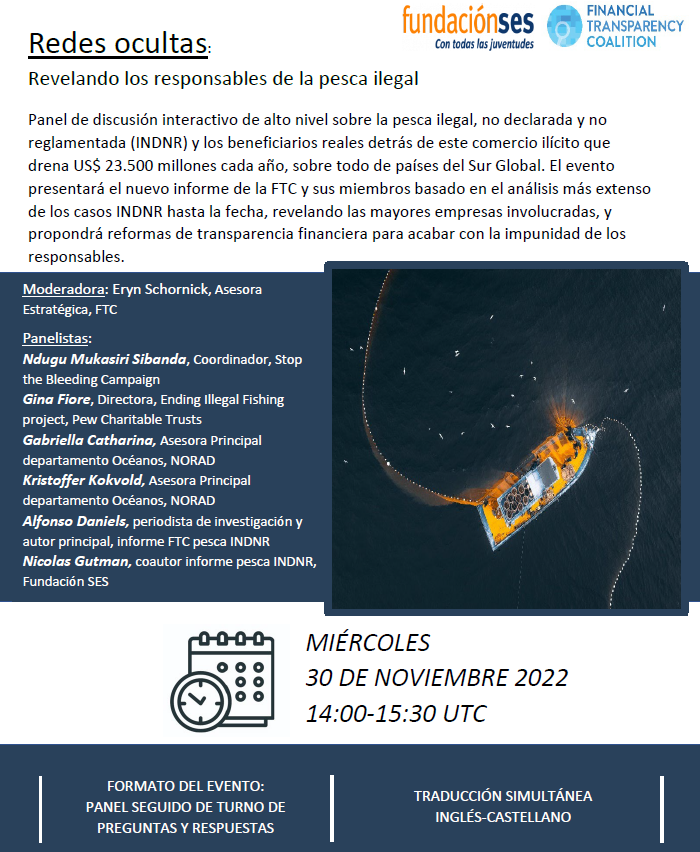 📢La #pescailegal INDNR arrasa los recursos pesqueros🌍pero sus responsables no son detectados. ¿Puede la transparencia financiera evitarlo? ¡Siga este evento <a href="/FinTrCo/">Financial Transparency Coalition</a> <a href="/FundacionSES/">Fundacion SES</a> con <a href="/noradno/">Norad</a> <a href="/pewtrusts/">The Pew Trusts</a> <a href="/StopIFF/">#StopTheBleeding</a>!
🗓️30 Nov @ 14:00 GMT
➡️¡Regístrese aquí! bit.ly/3GHjDsE