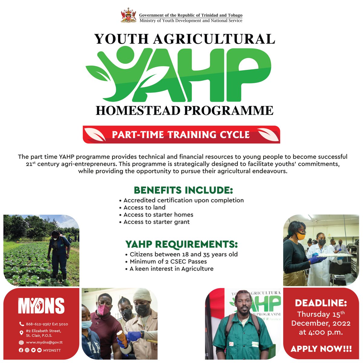 msya_tt's tweet photo. The MYDNS is pleased to announce the introduction of the Youth Agricultural Homestead Programme Part Time Training Cycle. 

Are you between the ages of 18 and 35? 👀
Do you have a passion for Agriculture? 👩🏾‍🌾🧑‍🌾
Are you interested in becoming a 21st Century Agro-entrepreneur? 🌾🔬 https://t.co/gw9pXjoo4K
