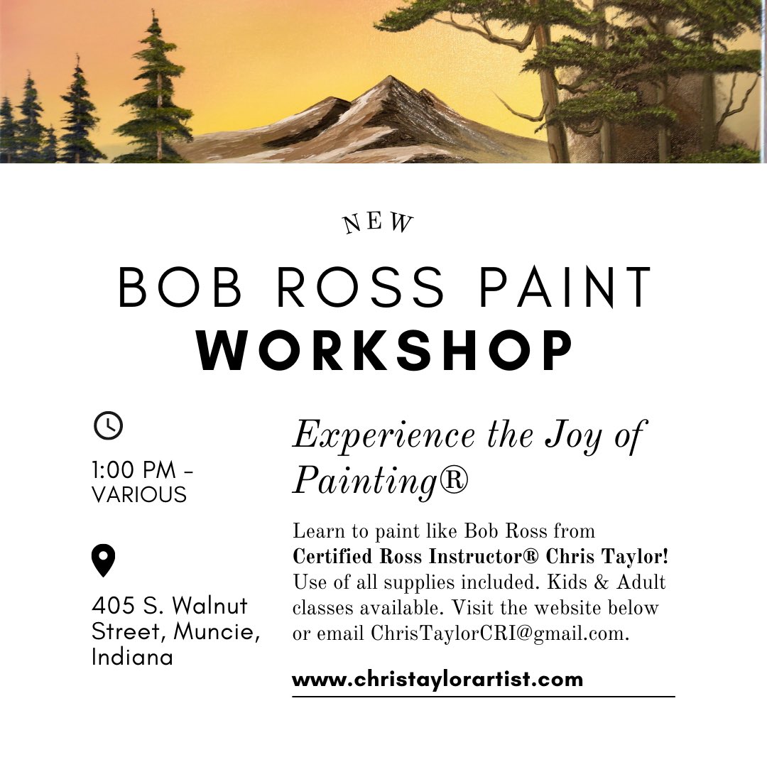 BallStateCT's tweet photo. Experience The Joy of Painting with 1-on-1 lessons in my Downtown Muncie studio. Gift certificates make a great Christmas present! So do paintings.
#PaintLikeBobRoss #BobRoss #HappyPainting #BeLikeBob #paintingsforsale #lessonsavailable #certifiedrossinstructor https://t.co/uUu4NdKruN
