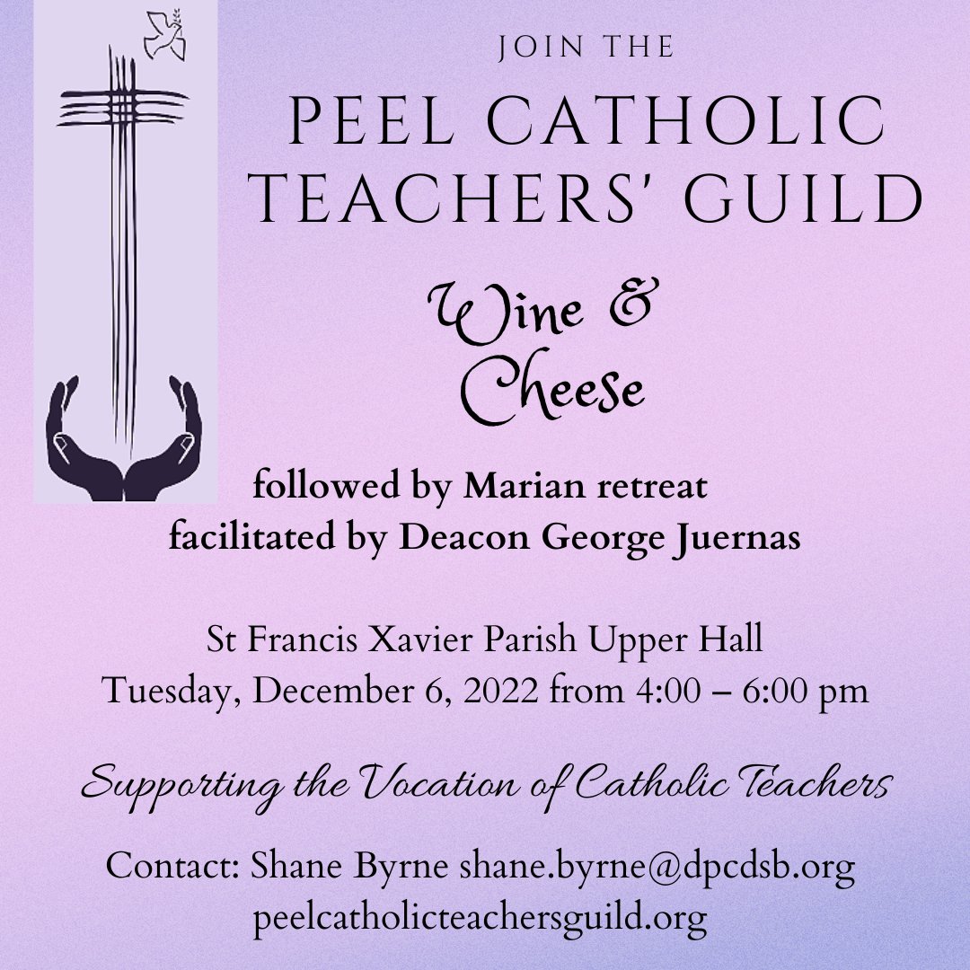 GuildPeel's tweet photo. The Guild is hosting our first event of the school year! Mark your calendars: Tues. Dec. 6 from 4-6pm for a Marian Retreat followed by a wine &amp; cheese. See the attachment for details! #newmemberswelcome https://t.co/IWEcqZR5xx