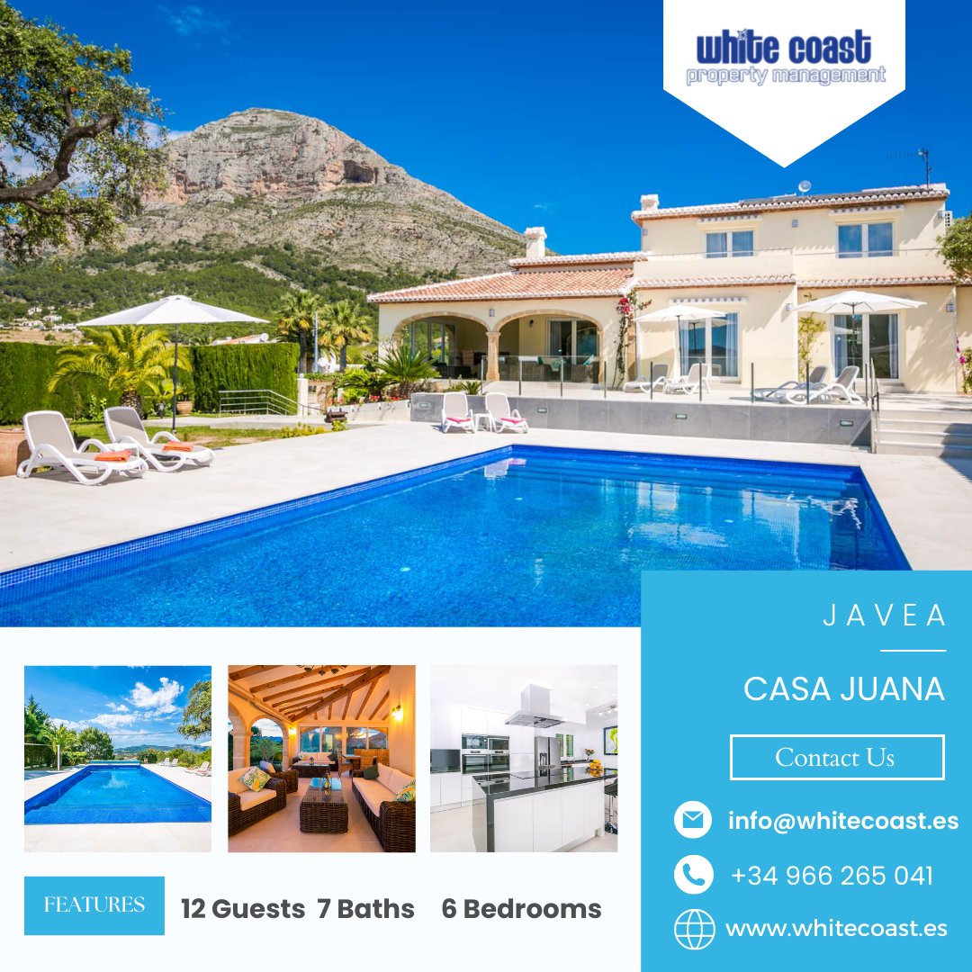 Casa Juana is a modern, luxury 6 bedroom villa, totally refurbished to an extremely high standard in summer 2019. This superb south facing villa is located on the famous Montgo mountain, with spectacular views and only a short distance from Javea's old town, port and Arenal beach