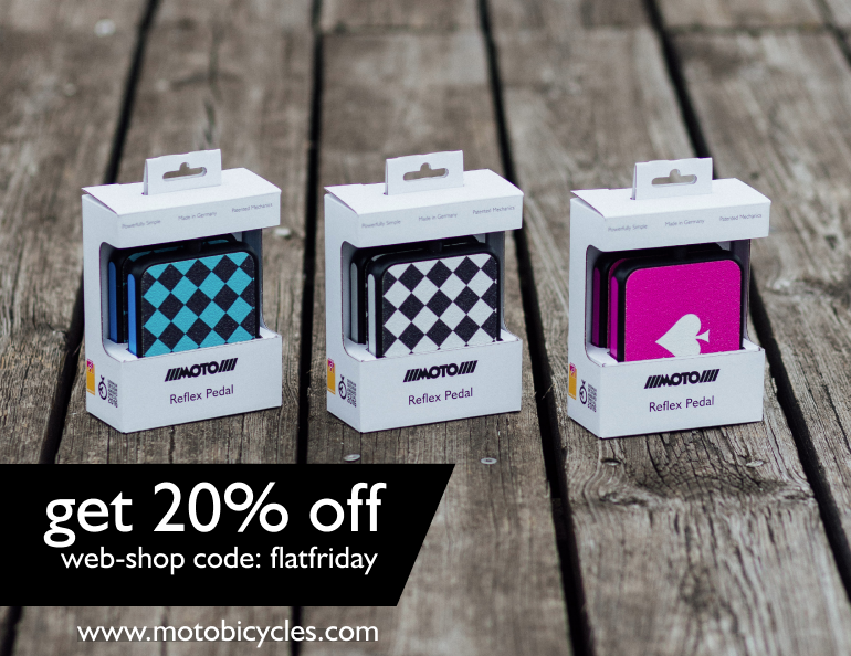 Limited time only: We keep the pedals flat with 20% off.
MOTO Reflex Pedals now available in Pink Spade, Checker -Blue and -White. Take your riding comfort to the next level. Get 20% off on all MOTO Pedals. 
>>motobicycles.com  
#cycling  #ebikes #bicycle
