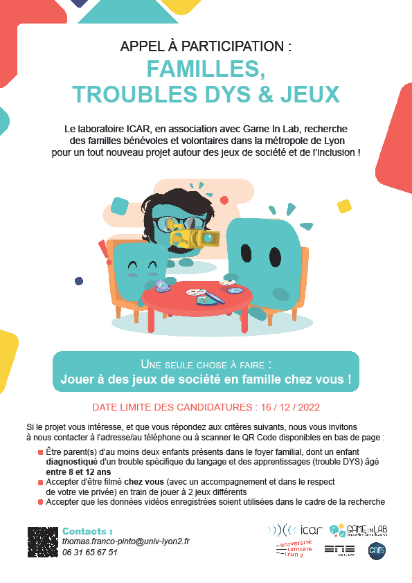 Labex Aslan (@labexaslan) on Twitter photo 📢 Appel à participation 📢
Thomas, doctorant en Sciences du langage à l'Université Lyon 2, lance un appel à participation, dans le cadre de sa thèse, adressé aux familles volontaires pour faire avancer la recherche en jouant à des jeux de société !
docs.google.com/forms/d/1z1nKI… 📢 Appel à participation 📢
Thomas, doctorant en Sciences du langage à l'Université Lyon 2, lance un appel à participation, dans le cadre de sa thèse, adressé aux familles volontaires pour faire avancer la recherche en jouant à des jeux de société !
docs.google.com/forms/d/1z1nKI…