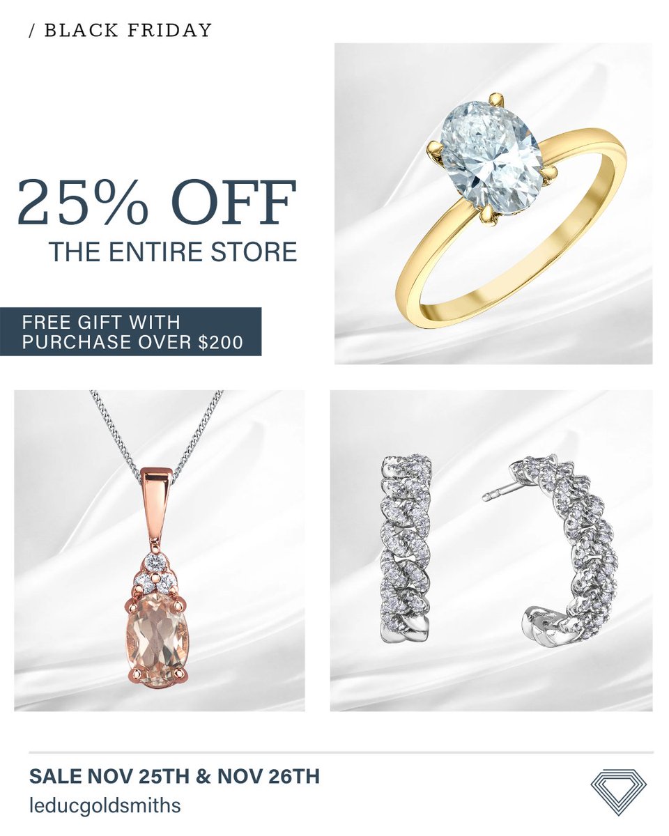 leducgoldsmiths's tweet photo. HAPPY #BLACKFRIDAY 🤩

It's time to #shop, shop, shop!🛍️ For a limited time only we are offering 25% off the ENTIRE #LeducGoldsmiths store with a FREE gift for any purchase over $200 🤯

Visit us today and tomorrow to shop the #sale! 🤗 https://t.co/gyKYCoEZXc