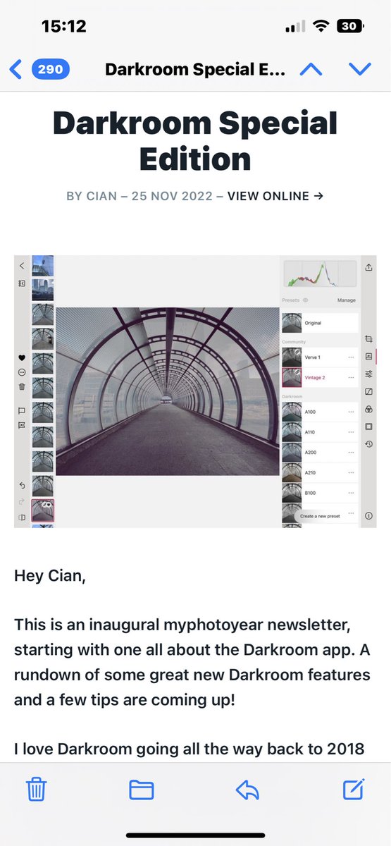 Just sent my first newsletter to subscribers, then my server promptly freaked out, back now! It was a <a href="/usedarkroom/">Darkroom</a> special edition, covering new Darkroom features with an accompanying article to go with it. Subscribe at myphotoyear.com.