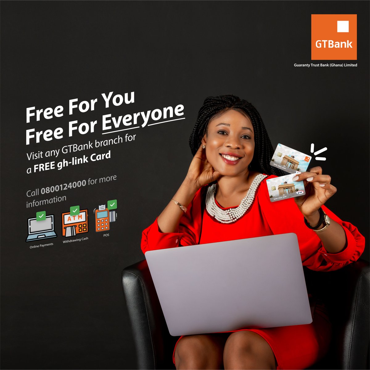 GTBankGhana's tweet photo. No charge! It’s free for you and free for everyone. Simply visit any GTBank branch today for a FREE GTBank gh-Link card. Call 0800124000 for more information. #GTBankgh #GHLinkCard #EasyDoesIt https://t.co/Eu8CKCTmgD