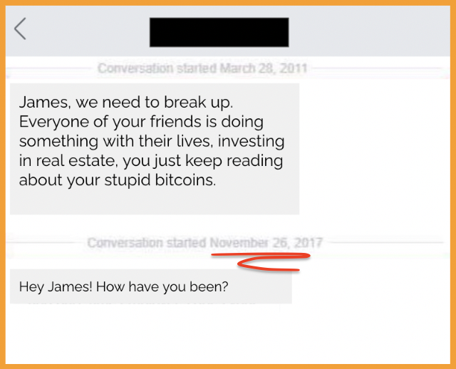 pete_rizzo_'s tweet photo. ✨ Exactly 5 years ago, ex-girlfriend sends the greatest #Bitcoin text of all time 💀 💀 💀 https://t.co/y2DACVZwfI
