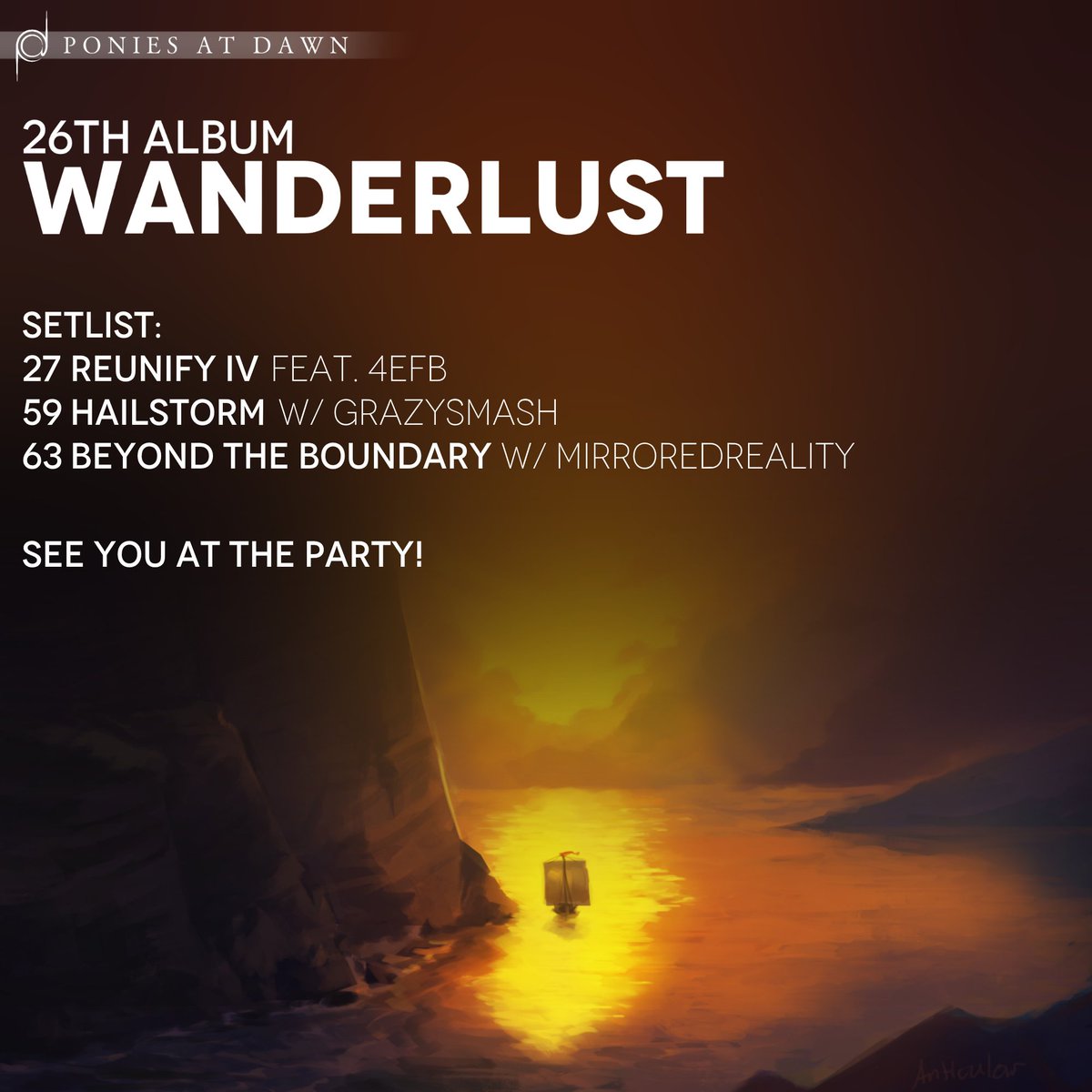 ice_angel_tunes's tweet photo. Enjoy the setlist poster of my songs on @PoniesAtDawn's newest album Wanderlust! Remember to set the schedule for the party and let's explode the party with a marvelous journey! https://t.co/PGMn0CFVaE