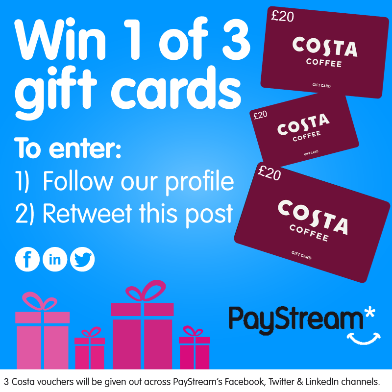 It's time for our first Festive Giveaway! We've got 3 Costa Coffee vouchers up for grabs. Simply RT this post and follow @PayStreamLtd to enter. The winner will be picked at random in the replies on 05/12/2022. Good luck. 🤞 🎅 #PayStreamChristmas