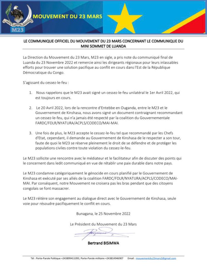 life_Info__'s tweet photo. #DERNIÈRE_MINUTE🇨🇩
Le #M23 accepte le cessez-le-feu tel que recommandé par le mini- sommet de #Luanda, mais dit qu'il se défendra une fois qu'il est #rompu et que ses #positions seront attaquées. il sollicite notamment une rencontre avec le facilitateur de l'#EAC.👇 https://t.co/62KT1BmKa5