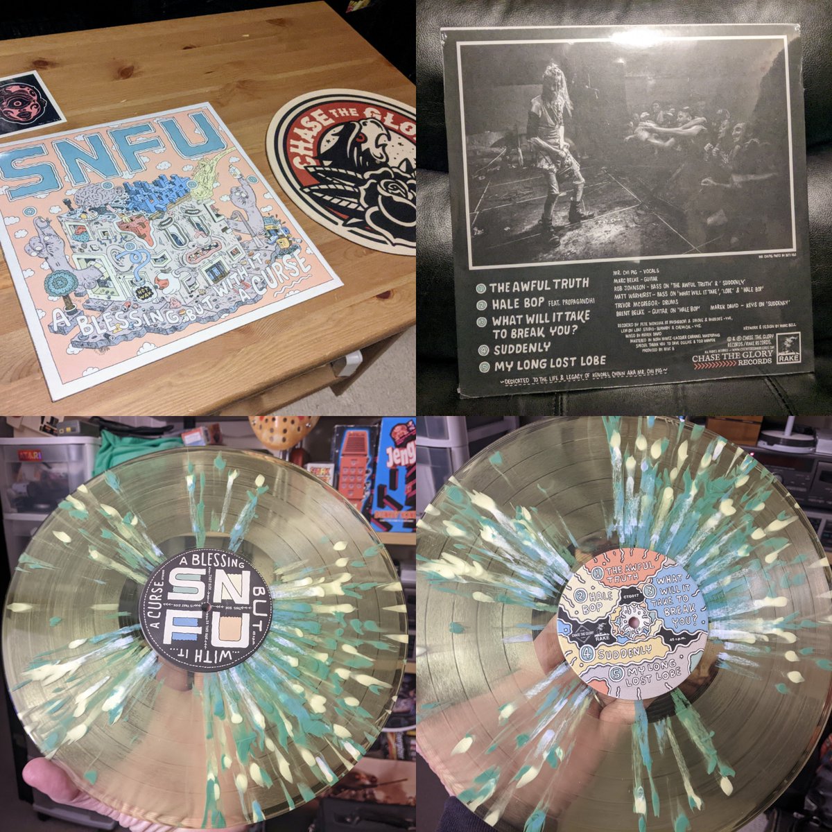 catfishman's tweet photo. A month ago a guy wore an SNFU shirt (Punk Band) to a hockey game I worked. Talked to him about the band and the Edmonton music scene of the 80s and 90s. Last night he dropped this off at work for me! #music #vinyl #punkrock #SNFU #Edmonton #ChiPig https://t.co/ChnDeaILOG