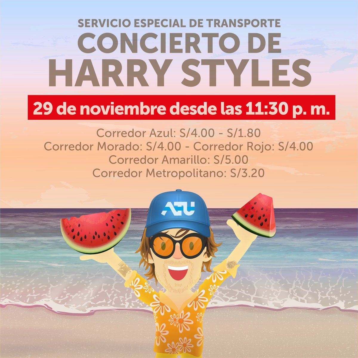 ATU_GobPeru's tweet photo. ¿Listo para cantar "As it was" y "Watermelon sugar" junto a @Harry_Styles ? 🎶💃🏻 Disfruta del concierto y regresa seguro a casa con el servicio especial "Love on Bus", ❤️🚌 de los corredores Azul, Rojo, Amarillo, Morado y @MetropolitanoPT desde las 11:30 p. m. https://t.co/9wRkgINaBt