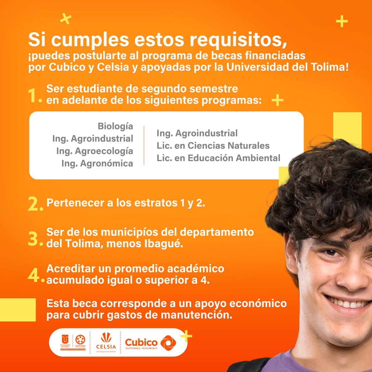 Celsia_Energia's tweet photo. #Tolima ¡Vamos a estudiar🤓!

Abrimos convocatorias de becas de #pregrado y #posgrado con #Cubico para estudiantes de estratos1️⃣ y2️⃣ de la @Uni_Tolima.

Conoce los programas y requisitos en las imágenes de abajo👇👇👇.

Acá te dejamos toda la información👉 https://t.co/V3nWMI0GD3 https://t.co/2wCf4UqrUk