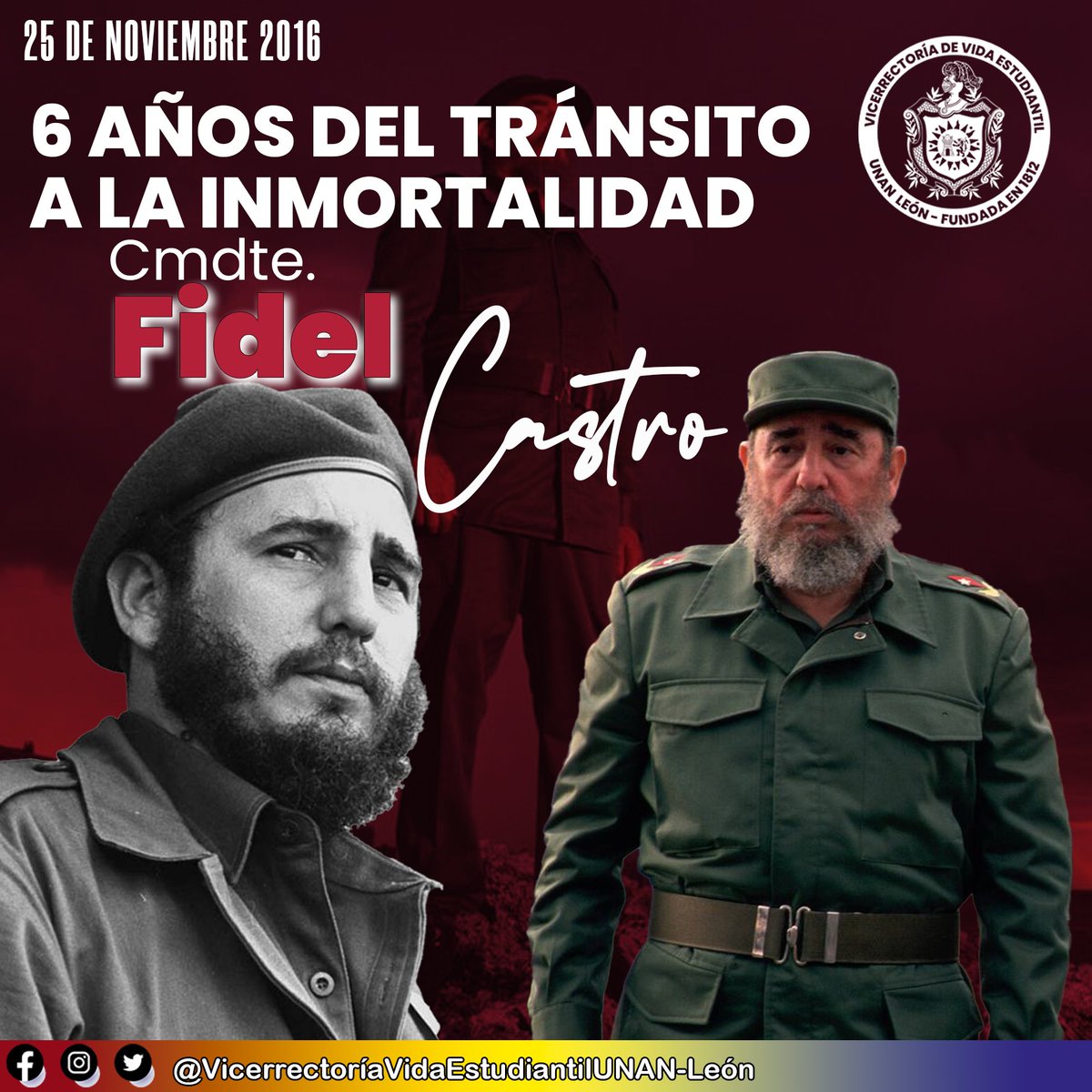 25 de #Noviembre de 2016 //  Conmemoramos el tránsito a la Inmortalidad del Comandante Fidel Castro Ruz. 

Fidel fue un revolucionario que no le bastó hacer revolución solo en Cuba, sino que también fue solidario con muchos de los pueblos.

#VidaEstudiantil