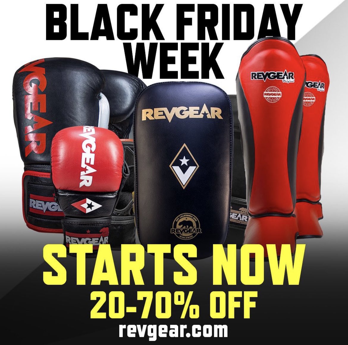 FromHellPichel's tweet photo. Revgear’s Black Friday sale starts today! Head to https://t.co/OINjeg6Td9 and get the gear I use that’s outlasted all the others since ‘96! #Revgear #TrainingGear #MMA #Kickboxing #Boxing #BJJ #UFC https://t.co/yjcMVK24Cl