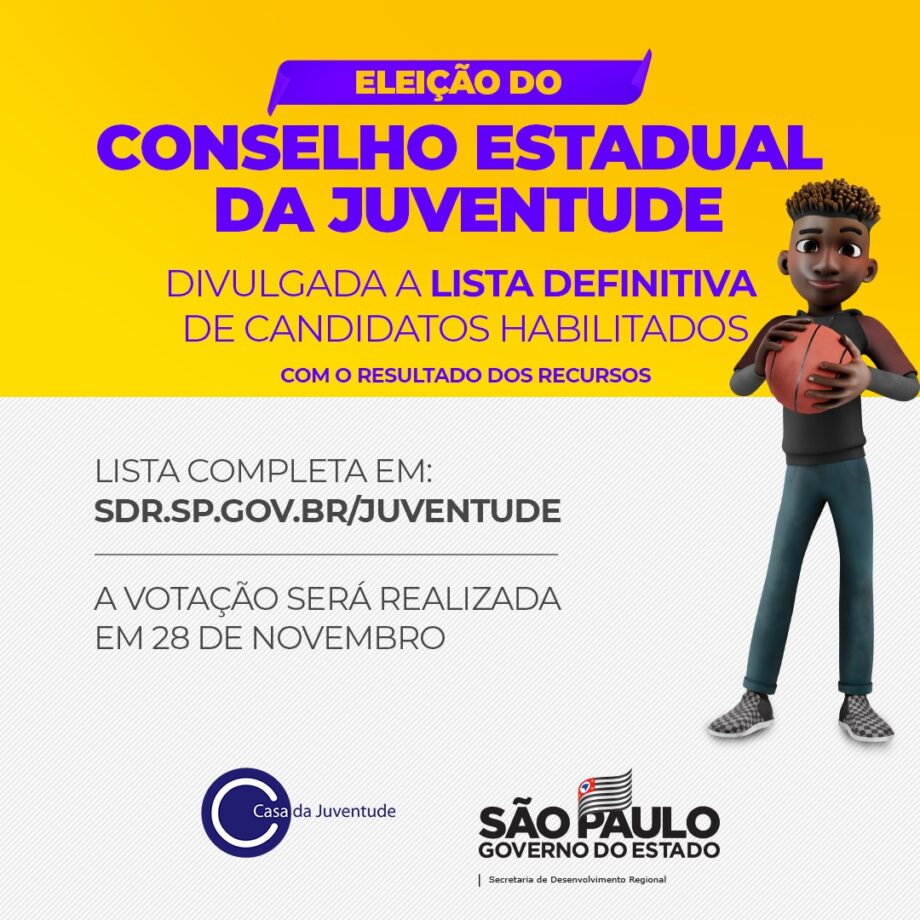 sp_regional's tweet photo. Subsecretaria da Juventude divulga lista definitiva de candidatos habilitados para eleição do Conselho Estadual da Juventude

Após análise de recursos, 31 jovens disputam, no dia 28 de novembro, 12 vagas para representar a sociedade civil 

Confira! https://t.co/twyQDAynMe https://t.co/kJfGijlunF
