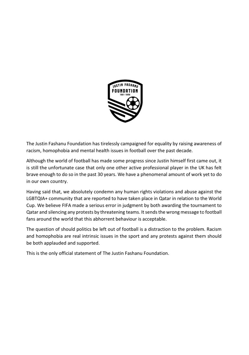 Official Statement on the Qatar World Cup from The Justin Fashanu Foundation #WorldCup2022 <a href="/Telegraph/">The Telegraph</a> @thesun @gmb @bbcsport <a href="/SkySportsPL/">Sky Sports Premier League</a> 
<a href="/joelycett/">Joe Lycett</a> @amalfashanu
