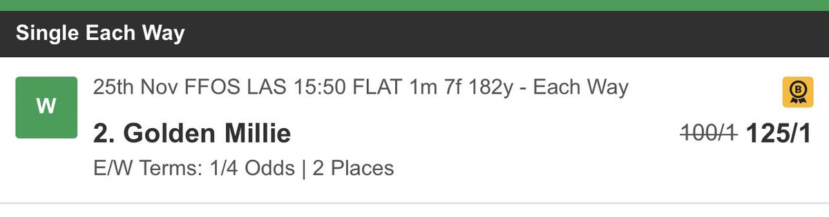 WinslipWizard's tweet photo. 🥇 GOLDEN MILLIE 💥 Only 2 horses in the race with clear potential for soft/heavy ground, and GOLDEN MILLIE beats the other (OTTOLINE) home for a 125/1 winner at @FfosLasRC. Couldn’t possibly tip this one, but a lovely personal bet. Nice ✅ https://t.co/G1DVVE2Bl0