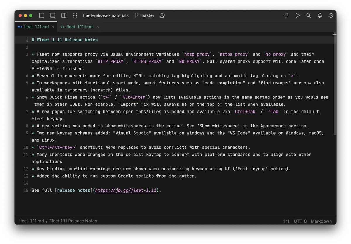 JetBrains_Fleet's tweet image. Fleet 1.11 has landed. Check it out!

Full changelog: jb.gg/fleet-1.11