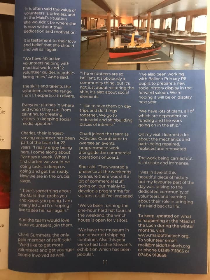 It is a good week for Maid of the Loch volunteer appreciation posts 🤩🤩 thanks to the @ClydesiderMag  for the double spread this week. Much appreciated and helps us to raise the profile even further. #MaidoftheLoch #maidtosail #supportthemaid