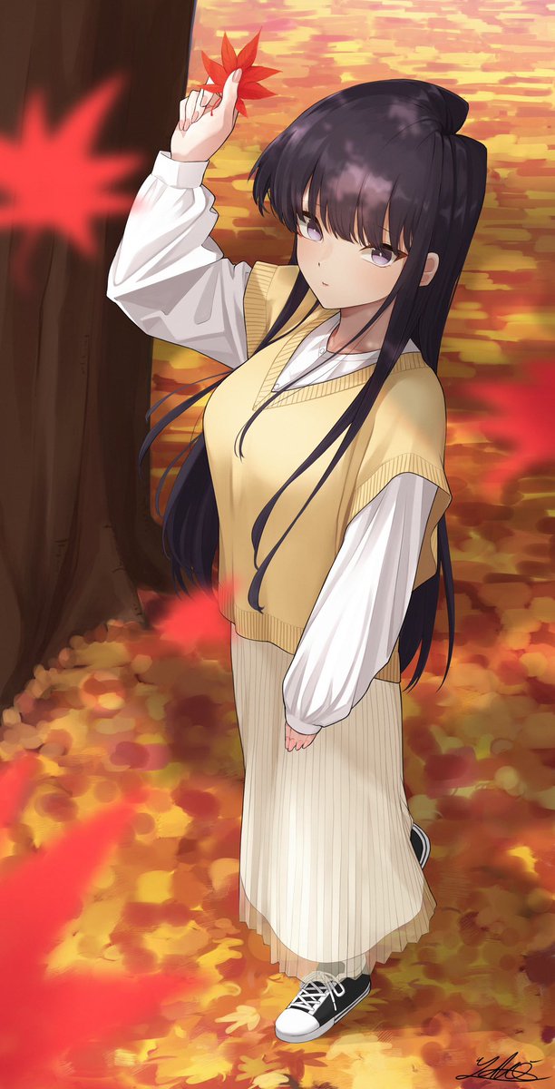 komi shouko 1girl autumn leaves black hair solo long hair leaf holding leaf  illustration images